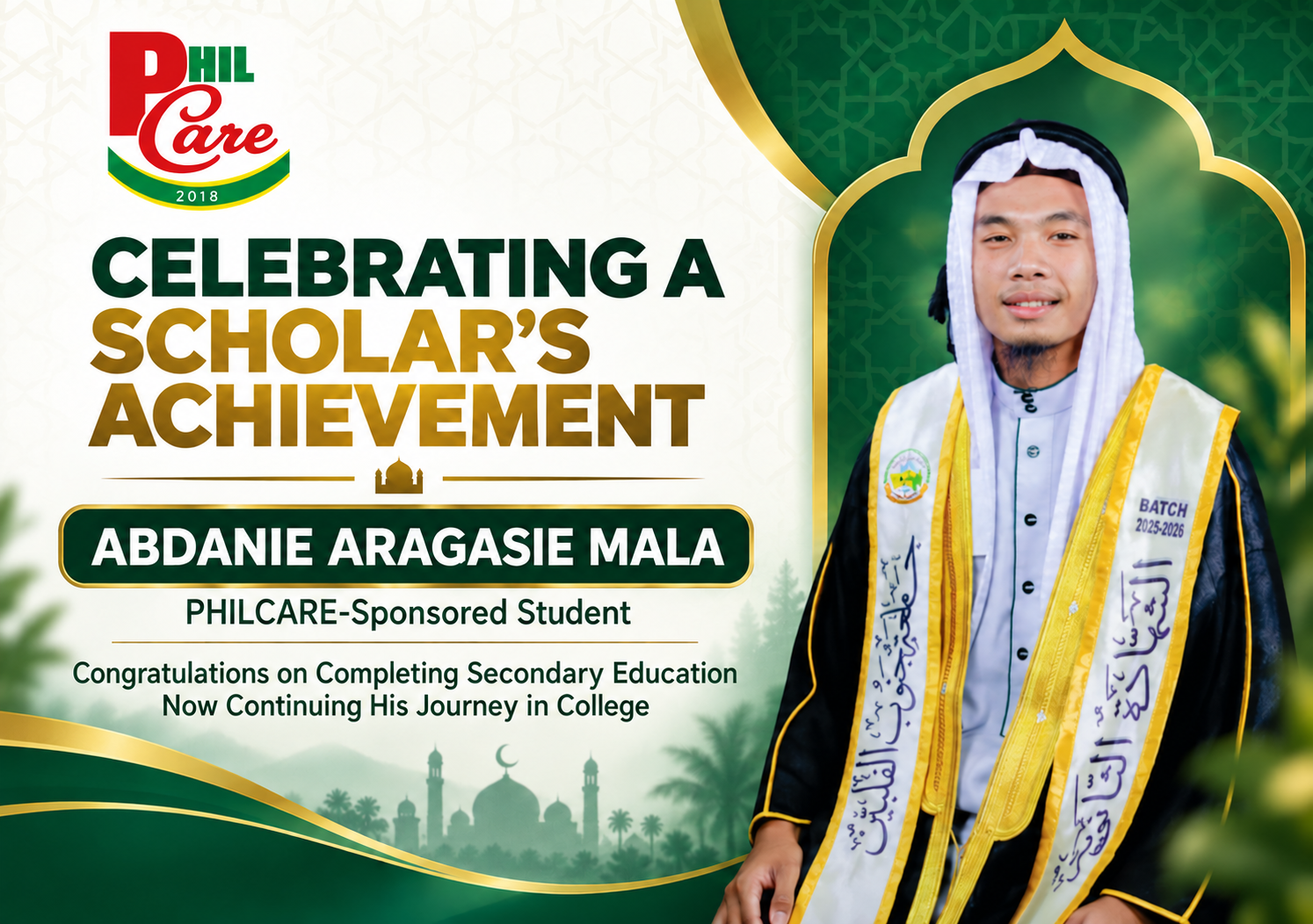 STUDENT SPONSORSHIP PROGRAMME — a PHILCARE project in Marawi City, serving students from different communities in Mindanao and other selected areas of the Philippines.
